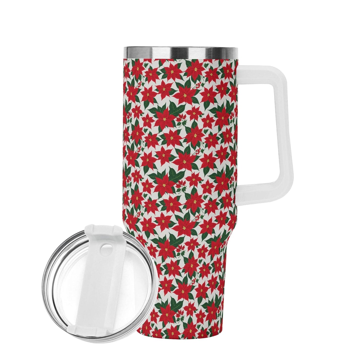 Poinsettia Floral 40oz Stainless Steel Tumbler Gift With White Handle and Straw - DeRose Seasonal