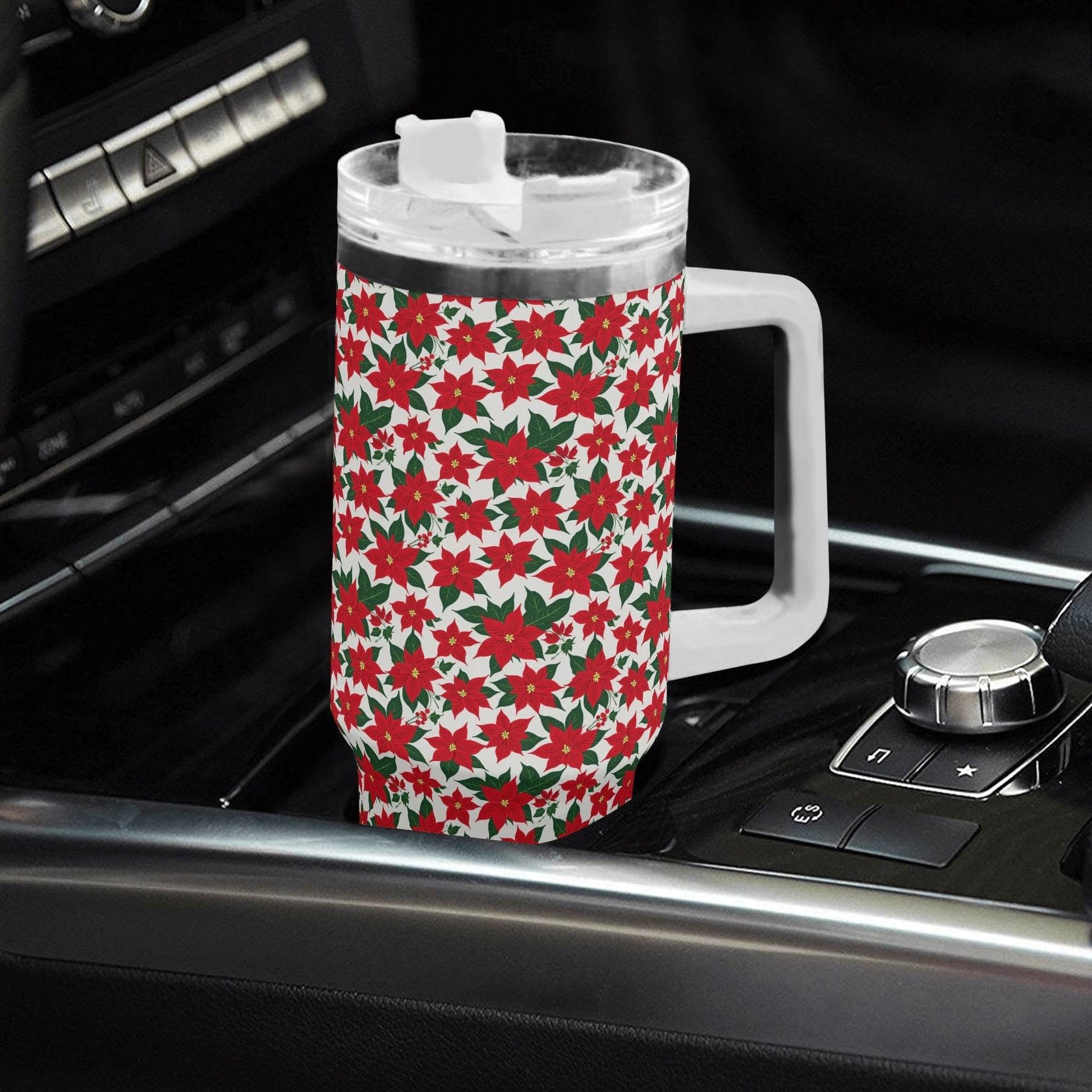 Poinsettia Floral 40oz Stainless Steel Tumbler Gift With White Handle and Straw - DeRose Seasonal