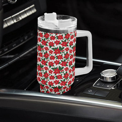 Poinsettia Floral 40oz Stainless Steel Tumbler Gift With White Handle and Straw - DeRose Seasonal