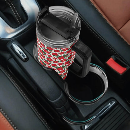 Poinsettia Floral 40oz Stainless Steel Tumbler Gift With Black Handle and Straw - DeRose Seasonal