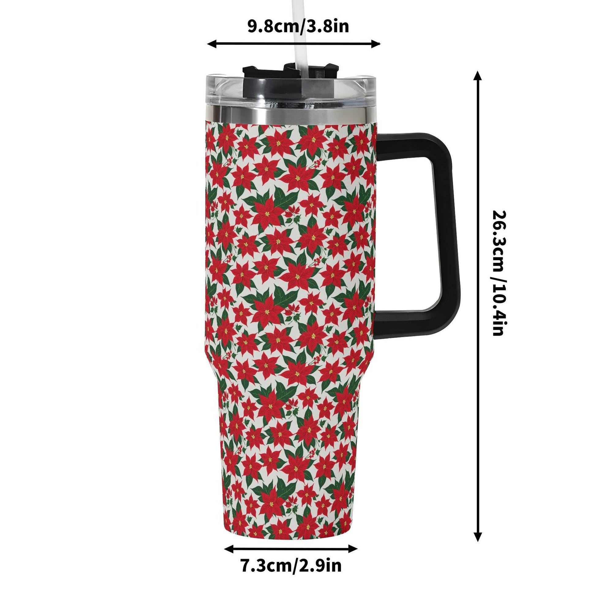 Poinsettia Floral 40oz Stainless Steel Tumbler Gift With Black Handle and Straw - DeRose Seasonal