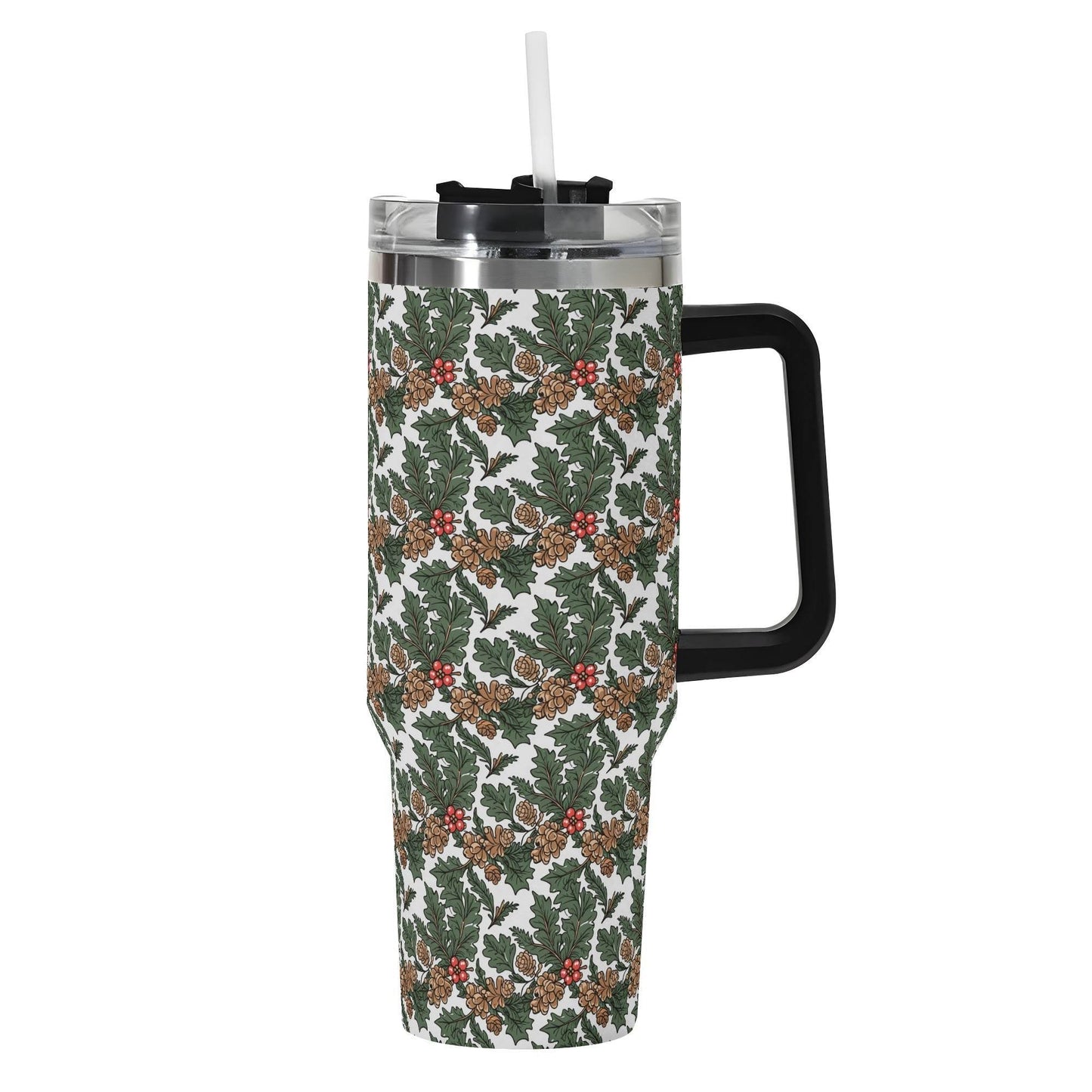 Holly Pine 40oz Stainless Steel Tumbler Gift With Black Handle and Straw - DeRose Seasonal
