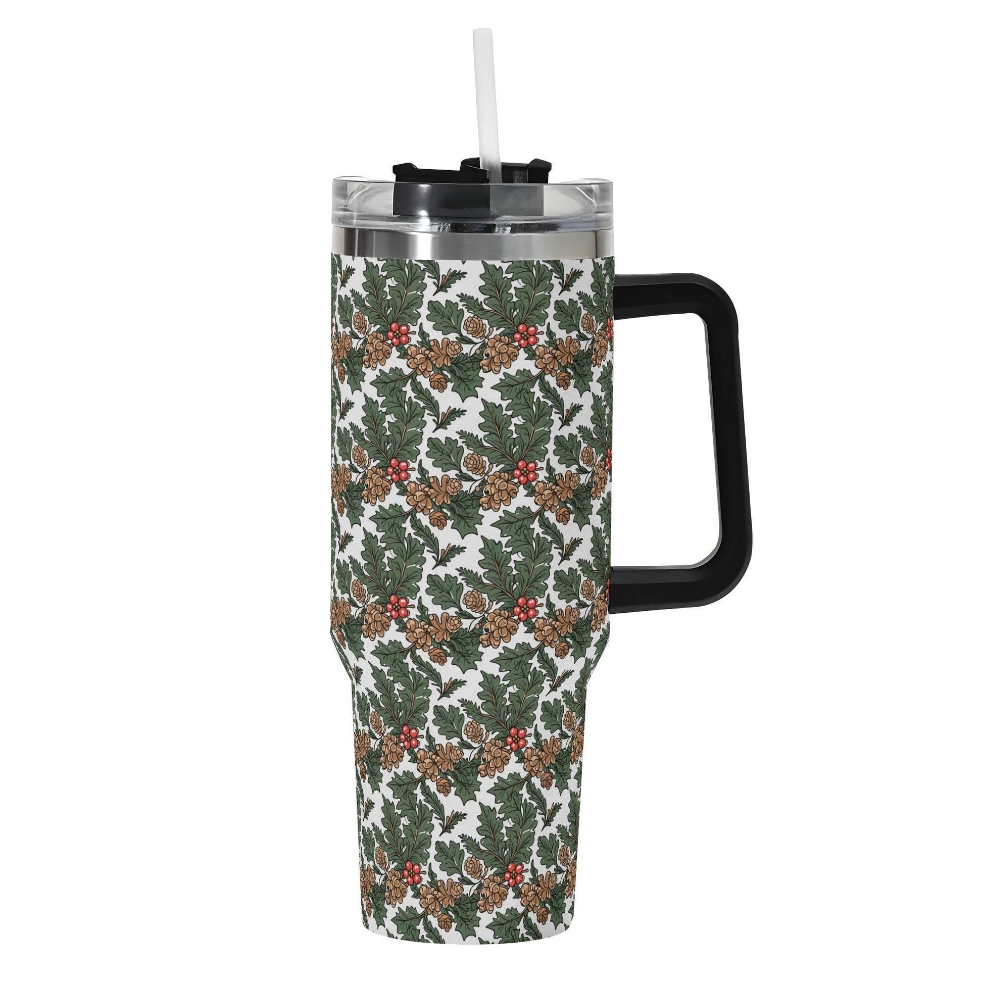 Holly Pine 40oz Stainless Steel Tumbler Gift With Black Handle and Straw - DeRose Seasonal