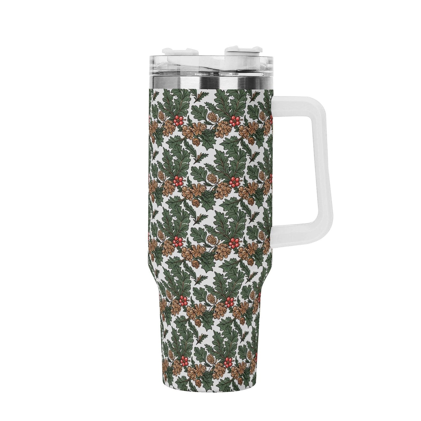 Holly Pine 40oz Stainless Steel Tumbler Gift With White Handle and Straw - DeRose Seasonal