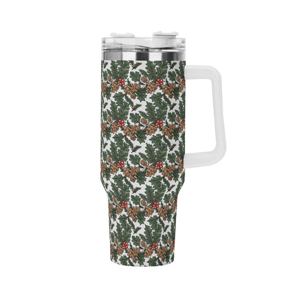 Holly Pine 40oz Stainless Steel Tumbler Gift With White Handle and Straw - DeRose Seasonal