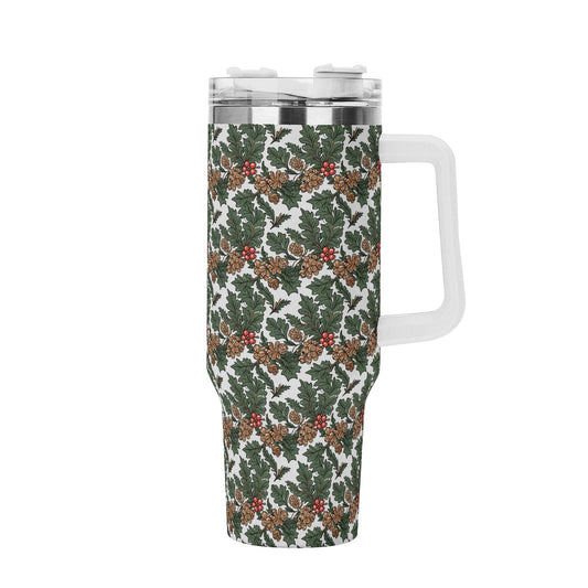 Holly Pine 40oz Stainless Steel Tumbler Gift With White Handle and Straw - DeRose Seasonal