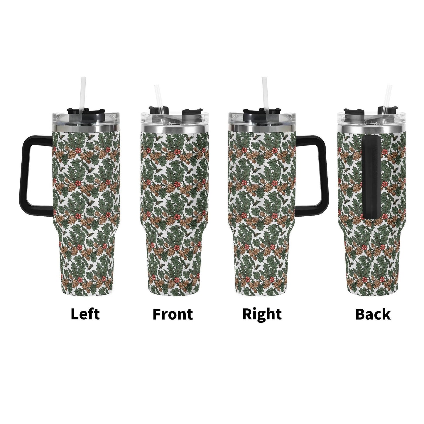 Holly Pine 40oz Stainless Steel Tumbler Gift With Black Handle and Straw - DeRose Seasonal