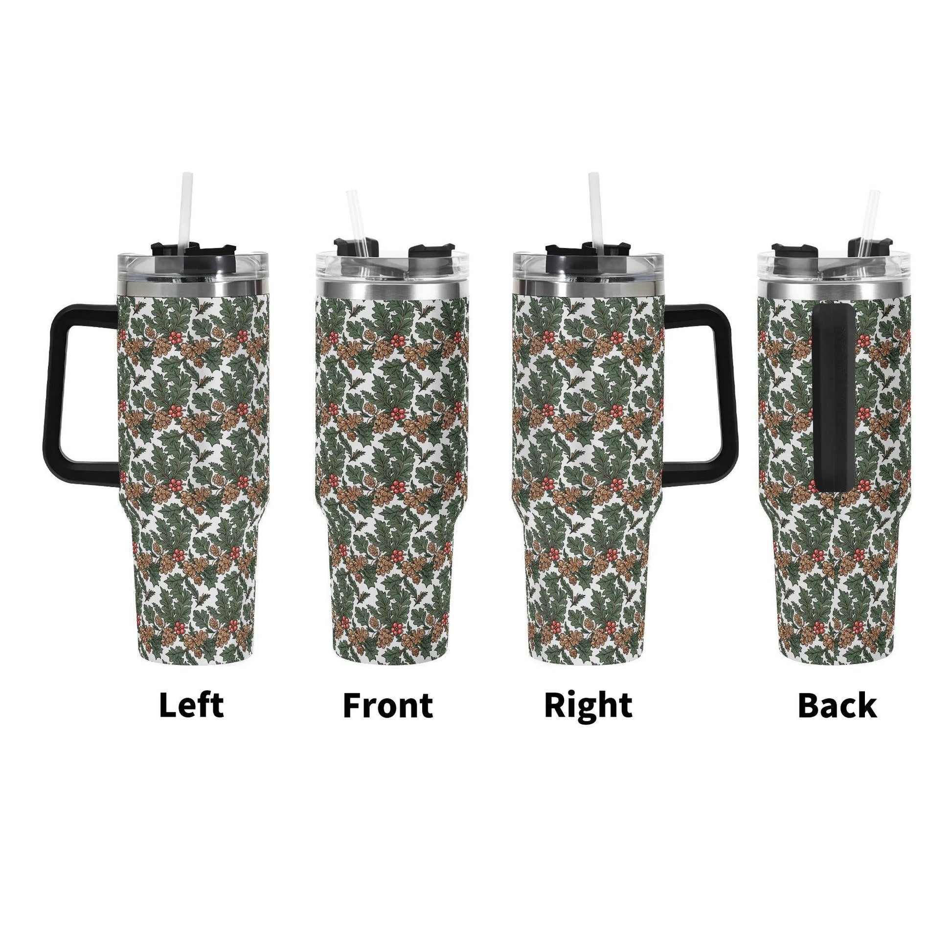 Holly Pine 40oz Stainless Steel Tumbler Gift With Black Handle and Straw - DeRose Seasonal