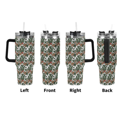 Holly Pine 40oz Stainless Steel Tumbler Gift With Black Handle and Straw - DeRose Seasonal