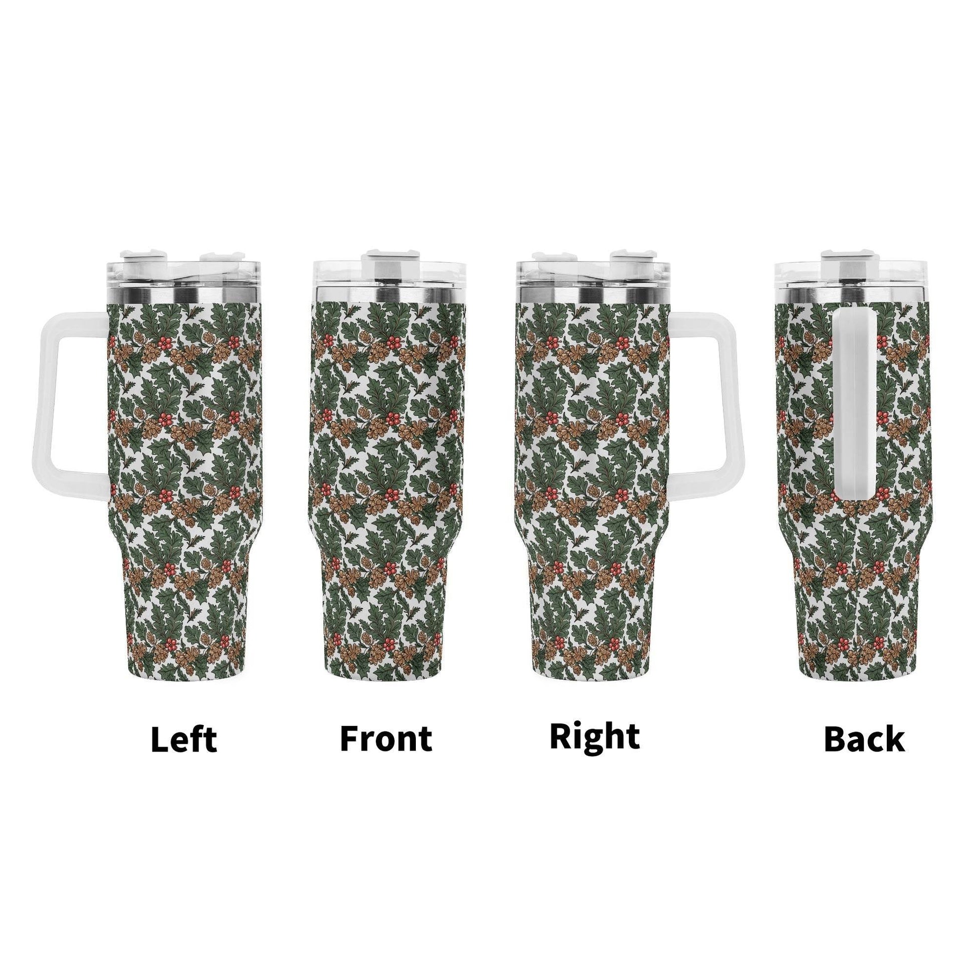Holly Pine 40oz Stainless Steel Tumbler Gift With White Handle and Straw - DeRose Seasonal