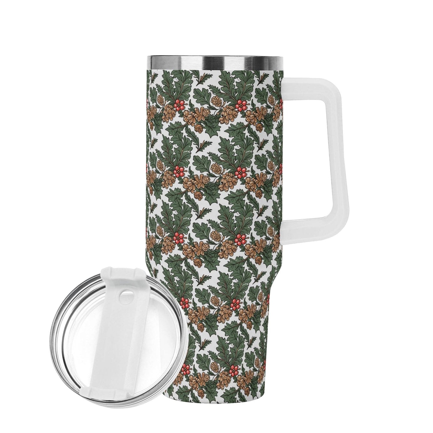 Holly Pine 40oz Stainless Steel Tumbler Gift With White Handle and Straw - DeRose Seasonal