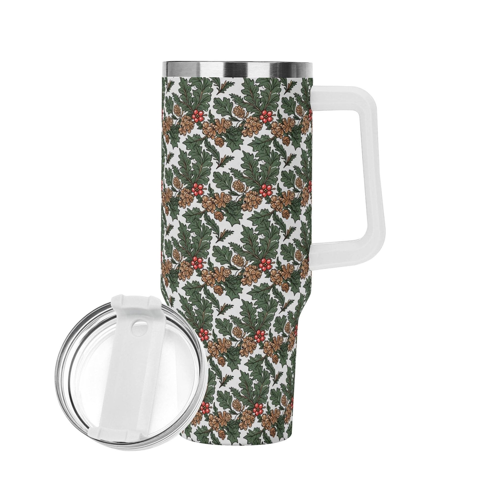 Holly Pine 40oz Stainless Steel Tumbler Gift With White Handle and Straw - DeRose Seasonal