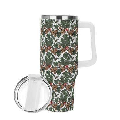 Holly Pine 40oz Stainless Steel Tumbler Gift With White Handle and Straw - DeRose Seasonal