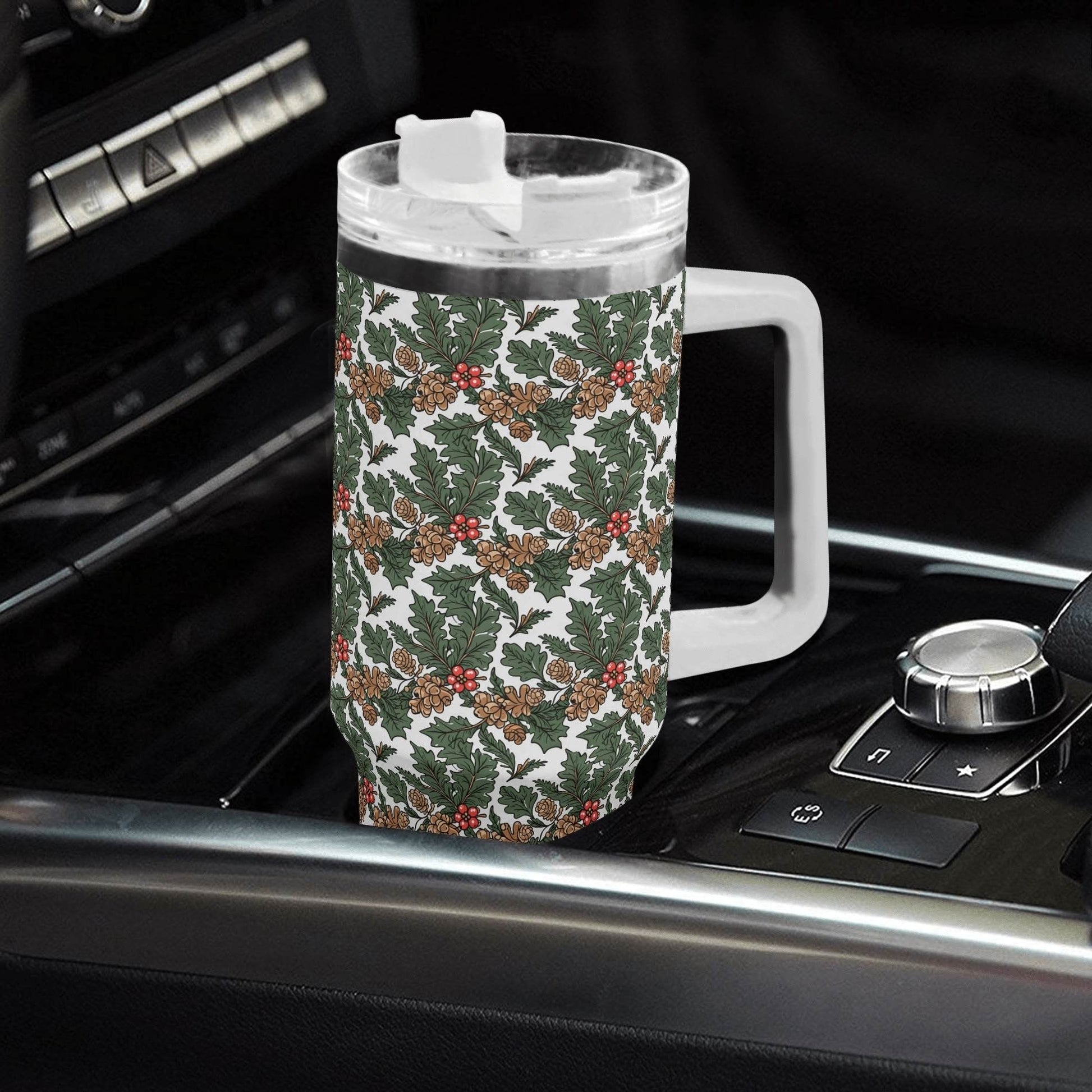 Holly Pine 40oz Stainless Steel Tumbler Gift With White Handle and Straw - DeRose Seasonal