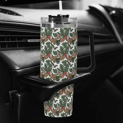 Holly Pine 40oz Stainless Steel Tumbler Gift With Black Handle and Straw - DeRose Seasonal