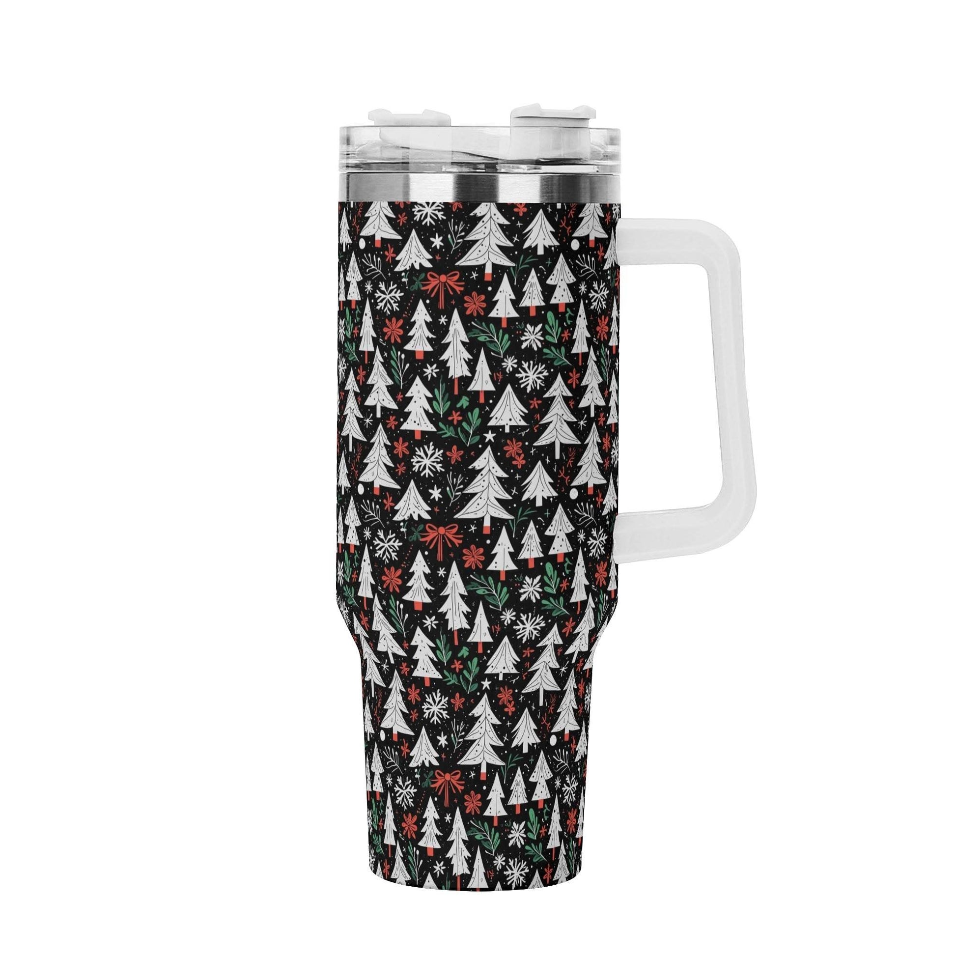 Christmas Tree 40oz Stainless Steel Tumbler Gift With White Handle and Straw - DeRose Seasonal