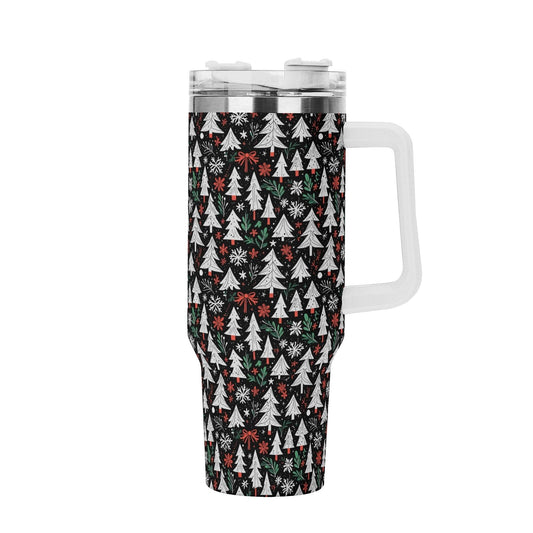 Christmas Tree 40oz Stainless Steel Tumbler Gift With White Handle and Straw - DeRose Seasonal