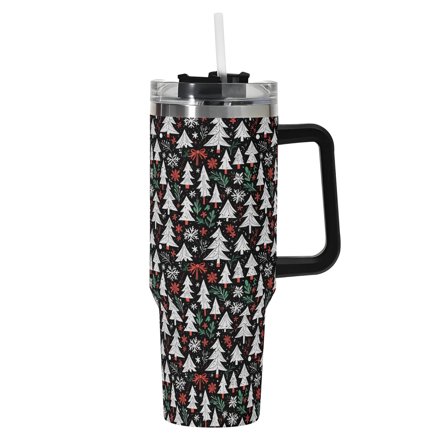 Christmas Tree 40oz Stainless Steel Tumbler Gift With Black Handle and Straw - DeRose Seasonal