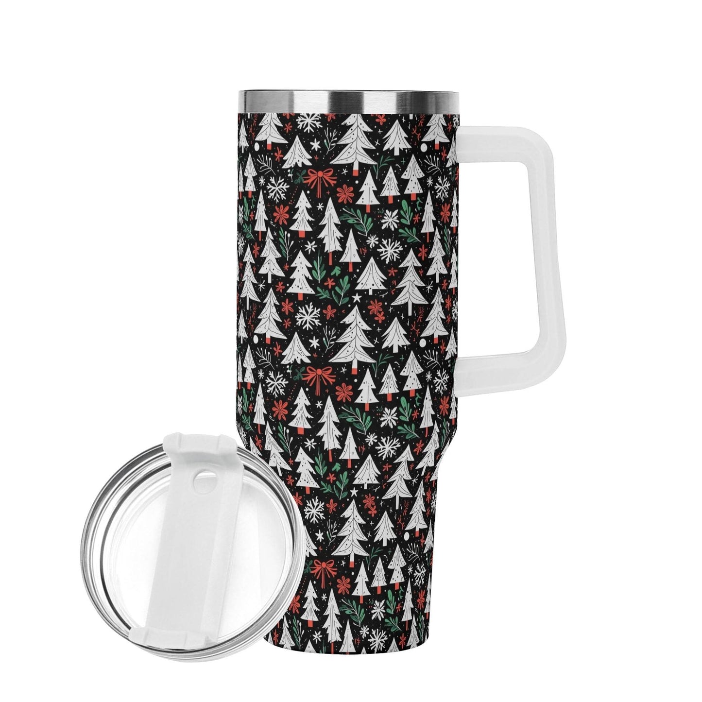 Christmas Tree 40oz Stainless Steel Tumbler Gift With White Handle and Straw - DeRose Seasonal