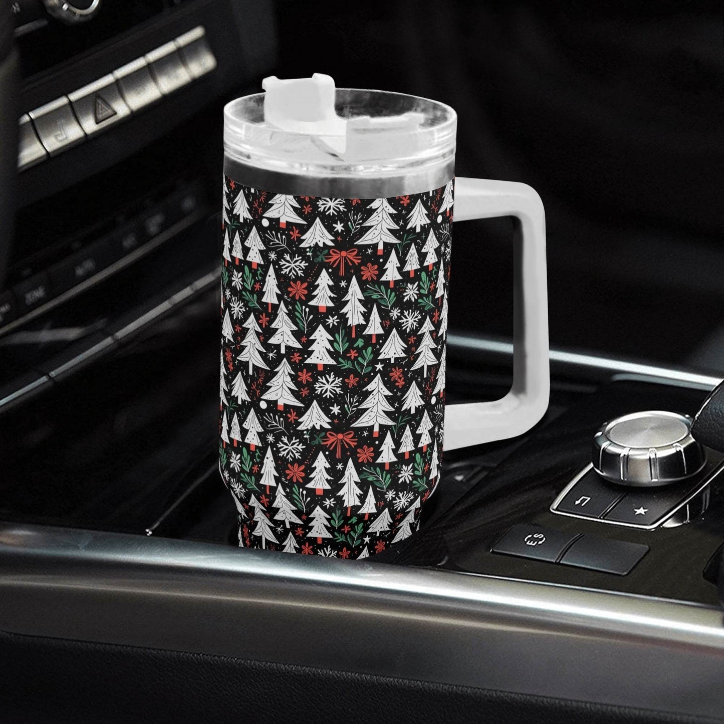 Christmas Tree 40oz Stainless Steel Tumbler Gift With White Handle and Straw - DeRose Seasonal