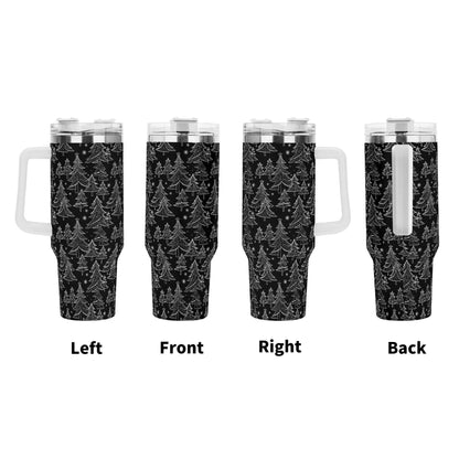 Black and White Christmas Tree 40oz Stainless Steel Tumbler Gift With White Handle and Straw - DeRose Seasonal