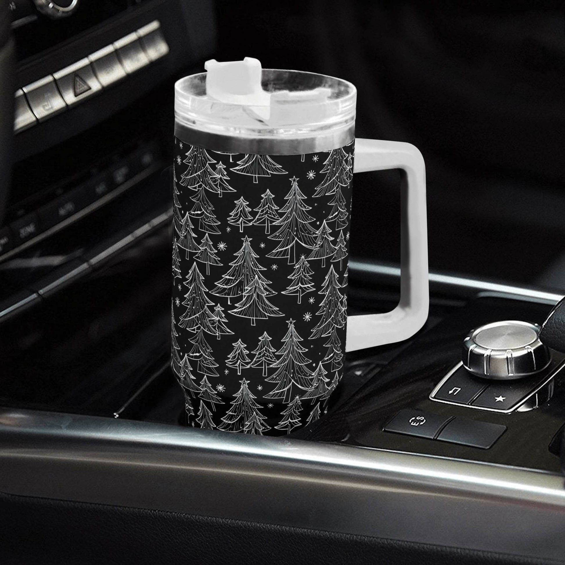 Black and White Christmas Tree 40oz Stainless Steel Tumbler Gift With White Handle and Straw - DeRose Seasonal