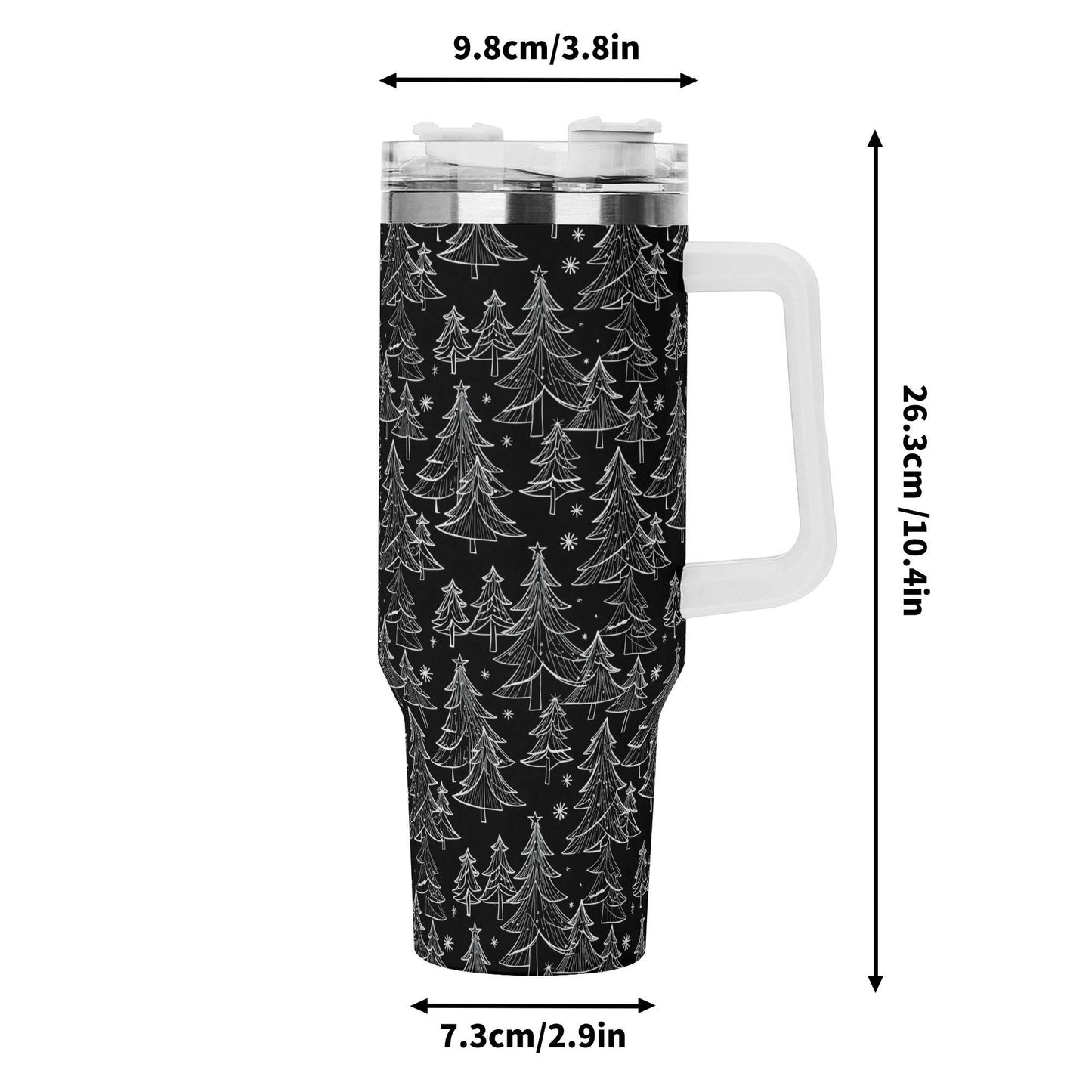 Black and White Christmas Tree 40oz Stainless Steel Tumbler Gift With White Handle and Straw - DeRose Seasonal