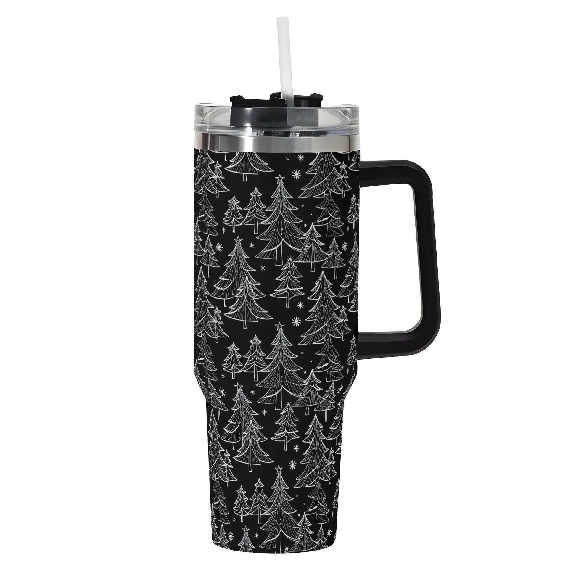 Black and White Christmas Tree 40oz Stainless Steel Tumbler Gift With Black Handle and Straw - DeRose Seasonal