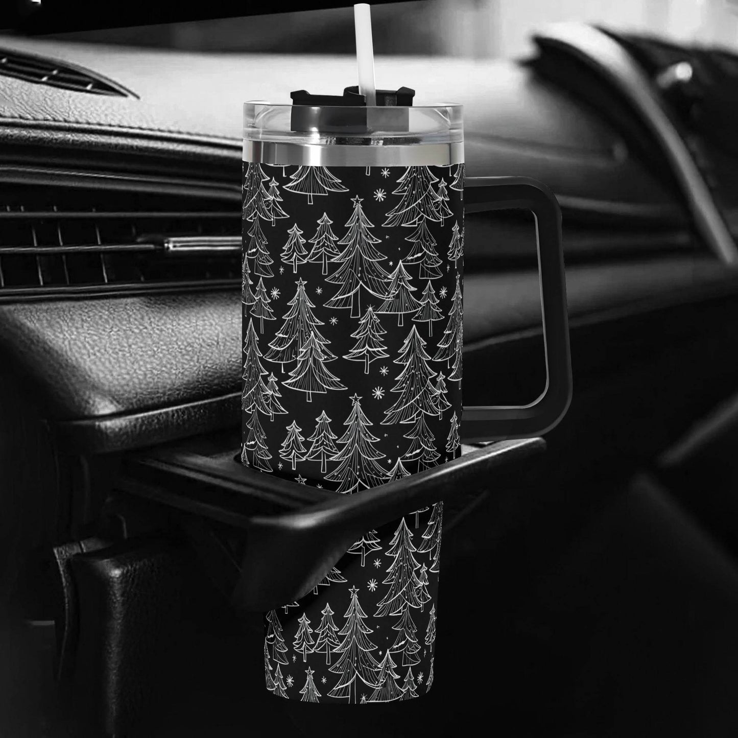 Black and White Christmas Tree 40oz Stainless Steel Tumbler Gift With Black Handle and Straw - DeRose Seasonal
