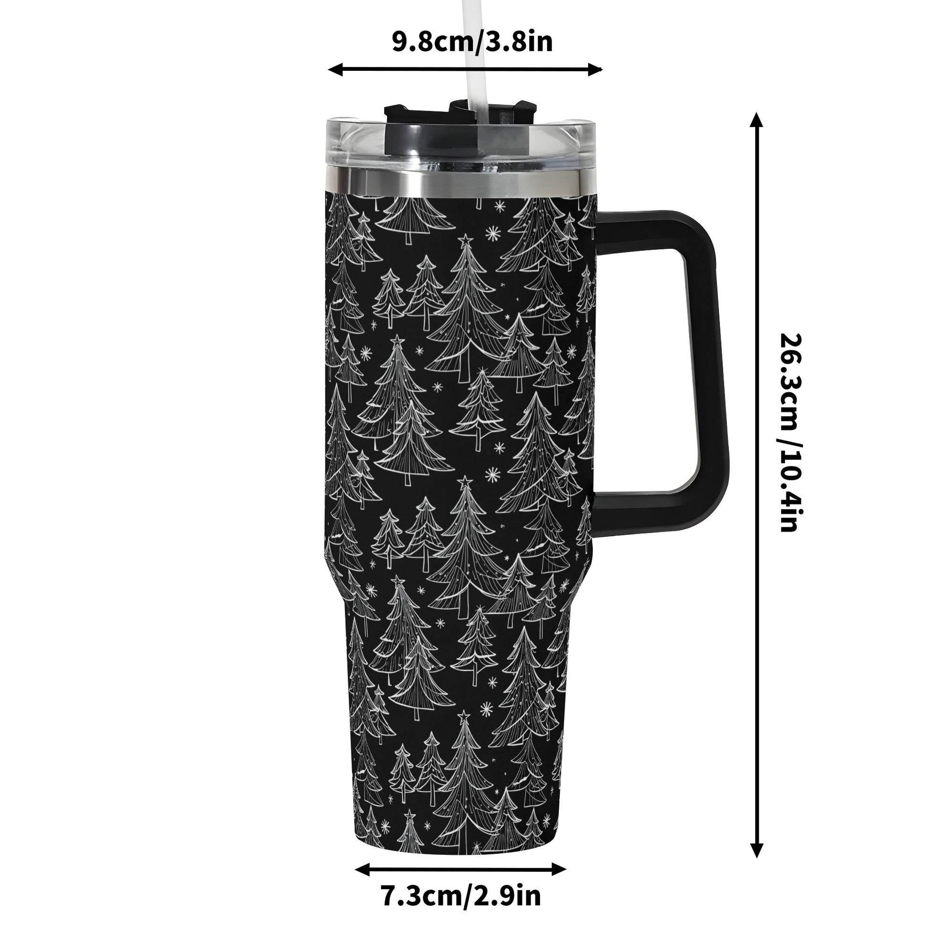 Black and White Christmas Tree 40oz Stainless Steel Tumbler Gift With Black Handle and Straw - DeRose Seasonal