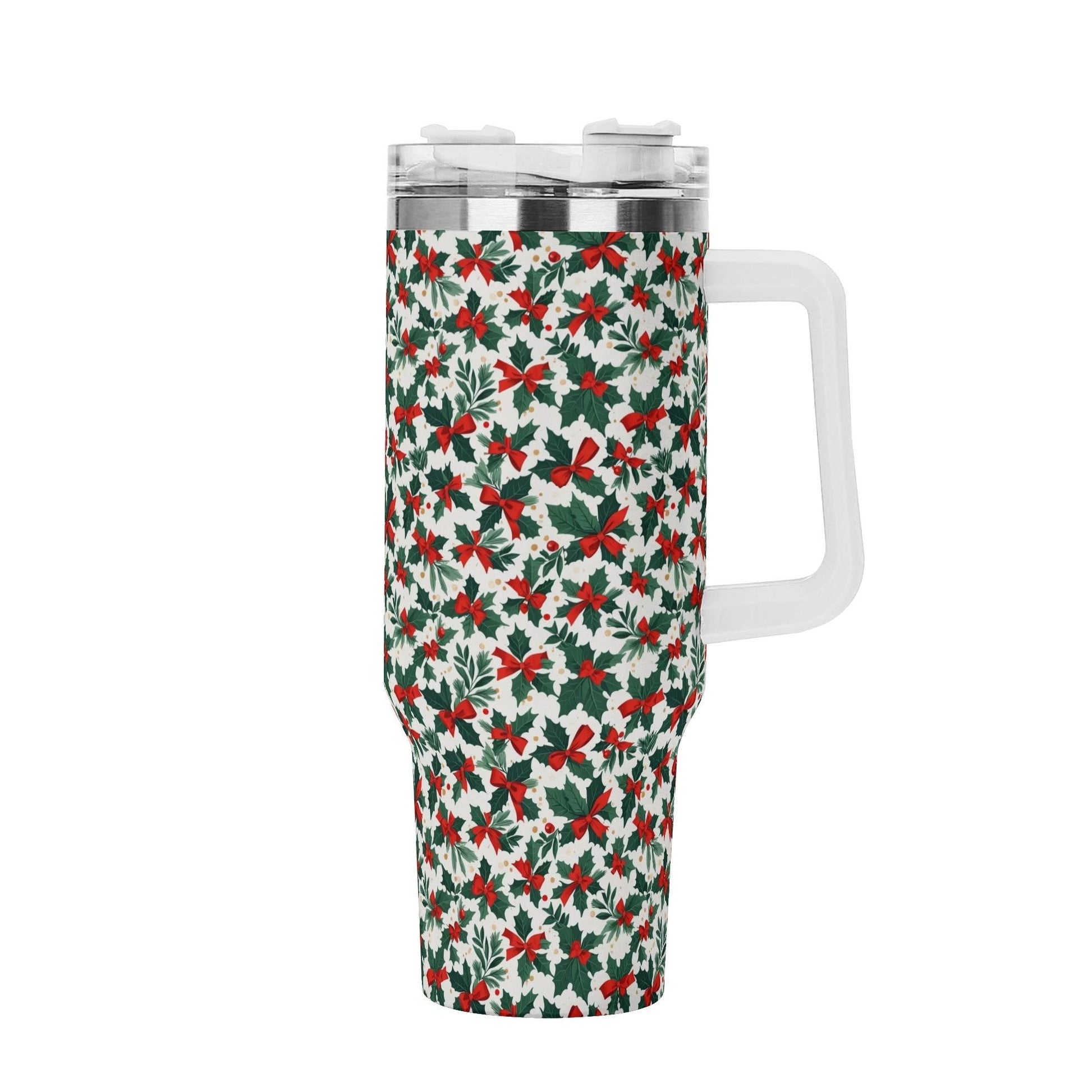 Holly Bow 40oz Stainless Steel Tumbler Gift With White Handle and Straw - DeRose Seasonal