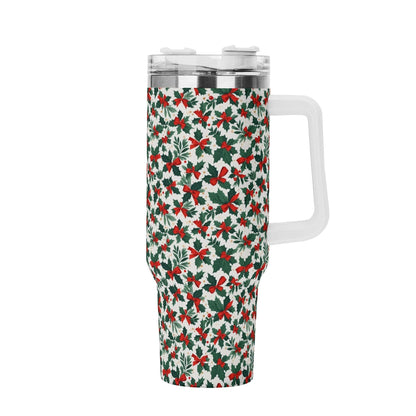 Holly Bow 40oz Stainless Steel Tumbler Gift With White Handle and Straw - DeRose Seasonal