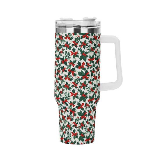Holly Bow 40oz Stainless Steel Tumbler Gift With White Handle and Straw - DeRose Seasonal