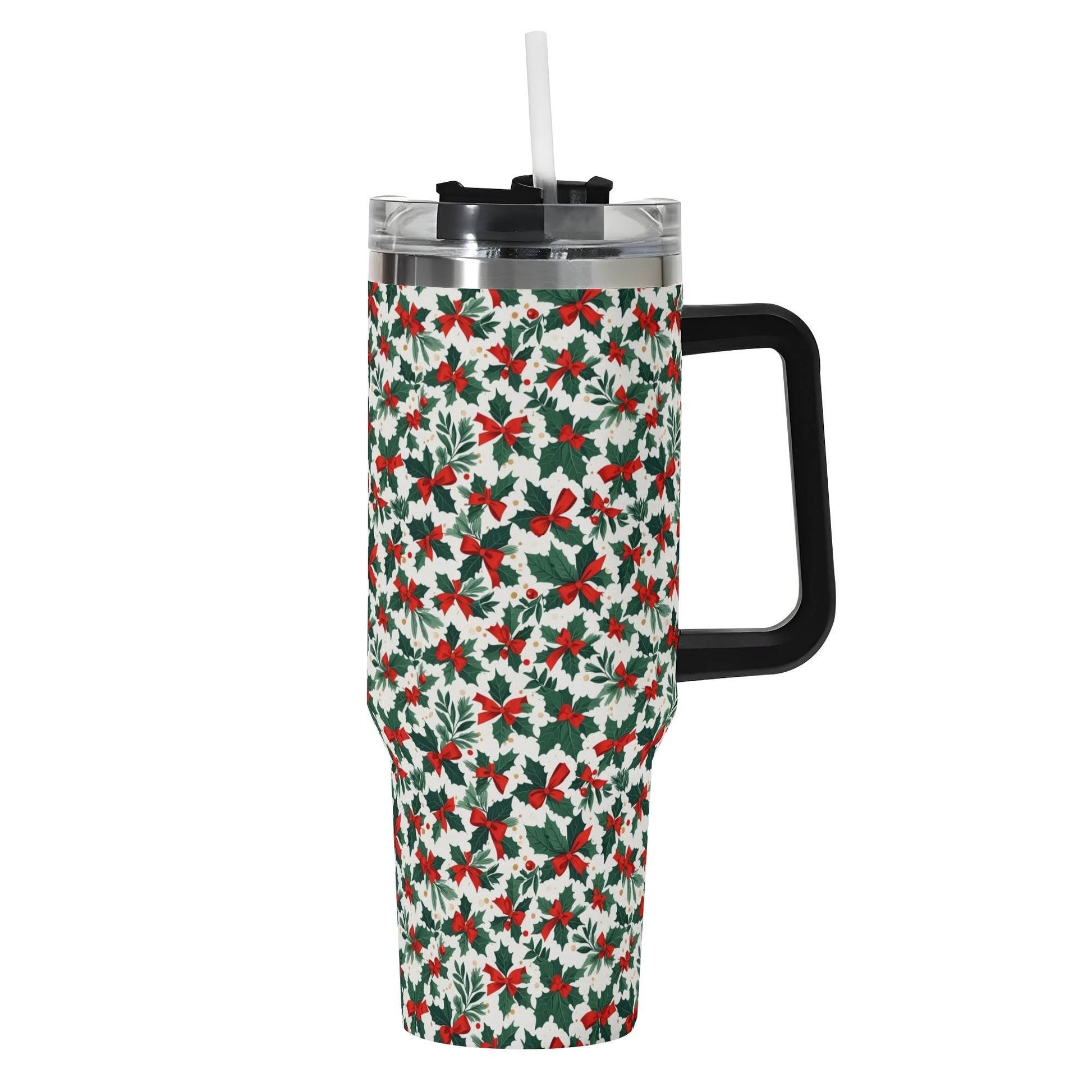 Holly Bow 40oz Stainless Steel Tumbler Gift With Black Handle and Straw - DeRose Seasonal