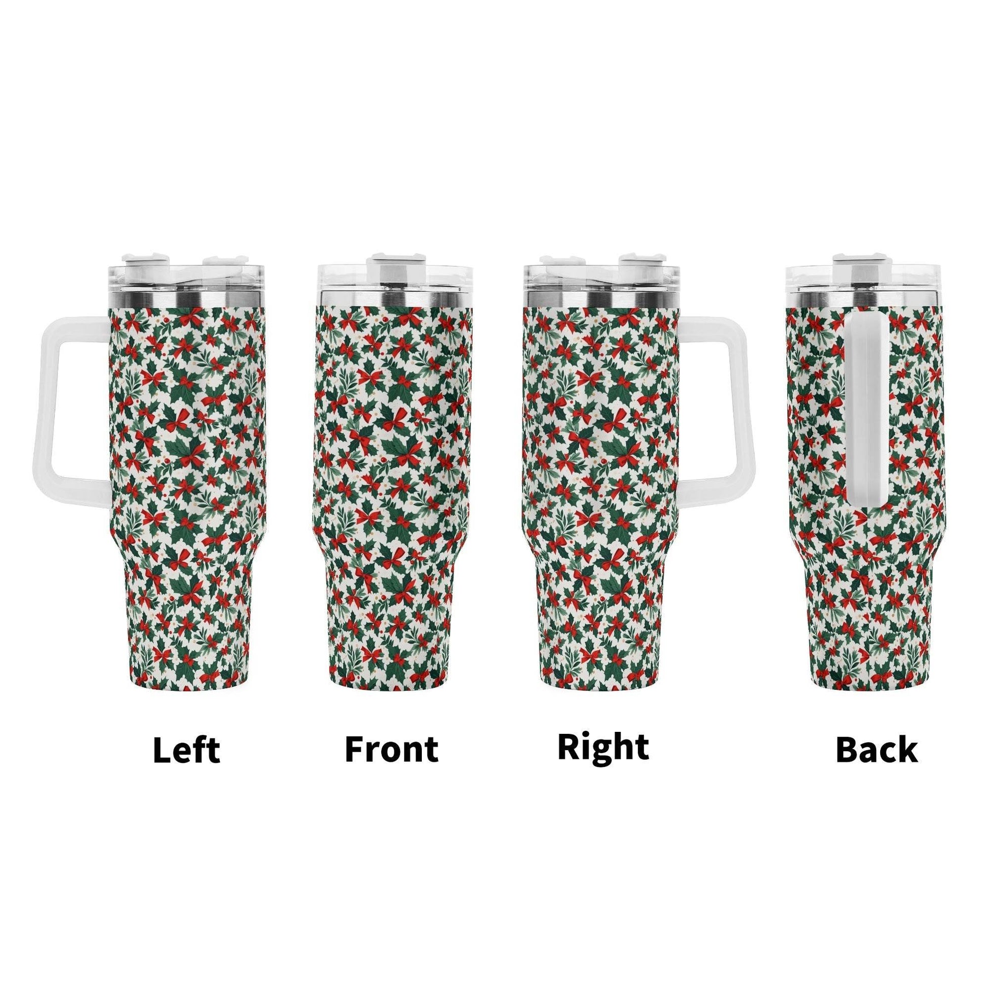 Holly Bow 40oz Stainless Steel Tumbler Gift With White Handle and Straw - DeRose Seasonal