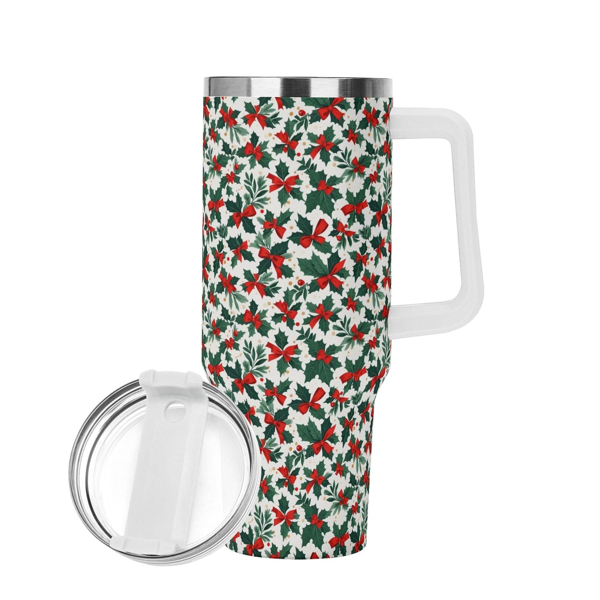 Holly Bow 40oz Stainless Steel Tumbler Gift With White Handle and Straw - DeRose Seasonal