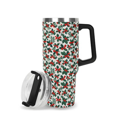 Holly Bow 40oz Stainless Steel Tumbler Gift With Black Handle and Straw - DeRose Seasonal
