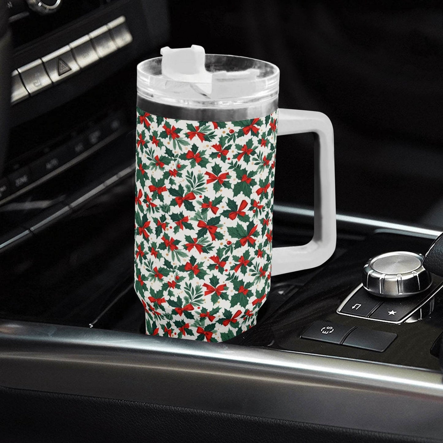 Holly Bow 40oz Stainless Steel Tumbler Gift With White Handle and Straw - DeRose Seasonal