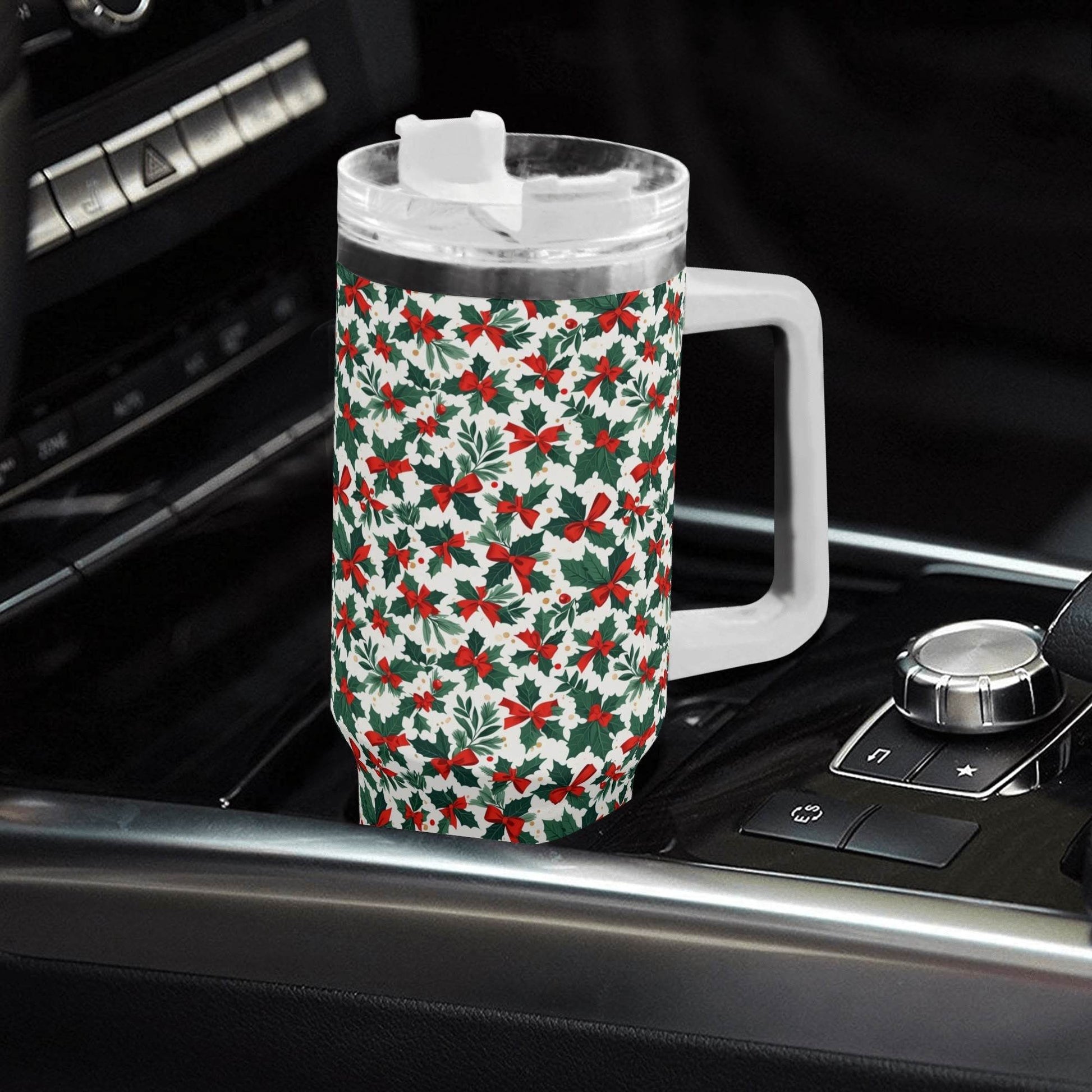 Holly Bow 40oz Stainless Steel Tumbler Gift With White Handle and Straw - DeRose Seasonal