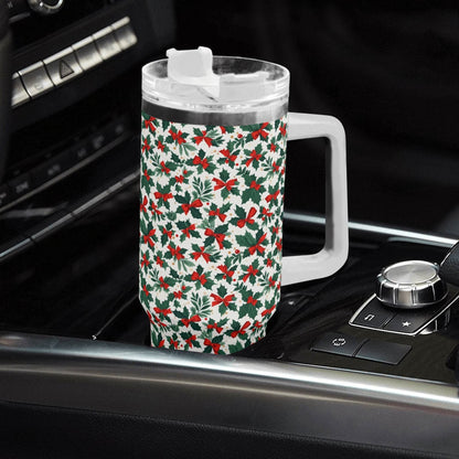 Holly Bow 40oz Stainless Steel Tumbler Gift With White Handle and Straw - DeRose Seasonal