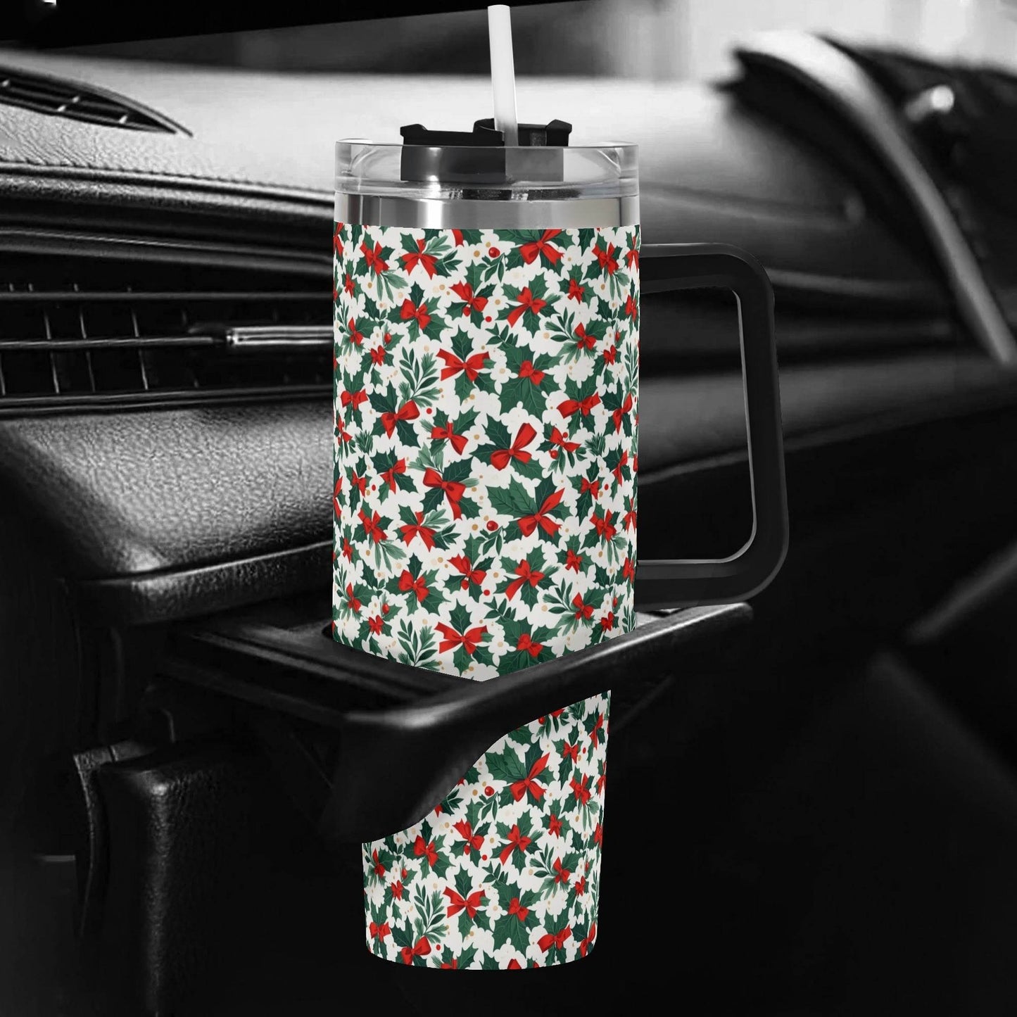 Holly Bow 40oz Stainless Steel Tumbler Gift With Black Handle and Straw - DeRose Seasonal