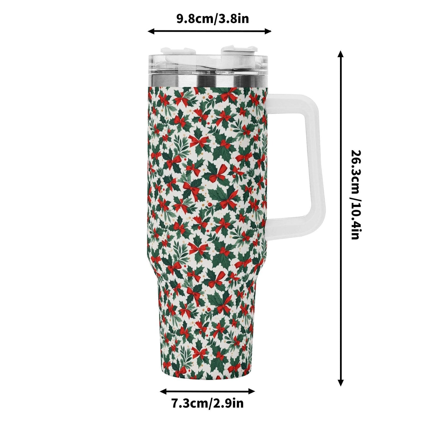 Holly Bow 40oz Stainless Steel Tumbler Gift With White Handle and Straw - DeRose Seasonal