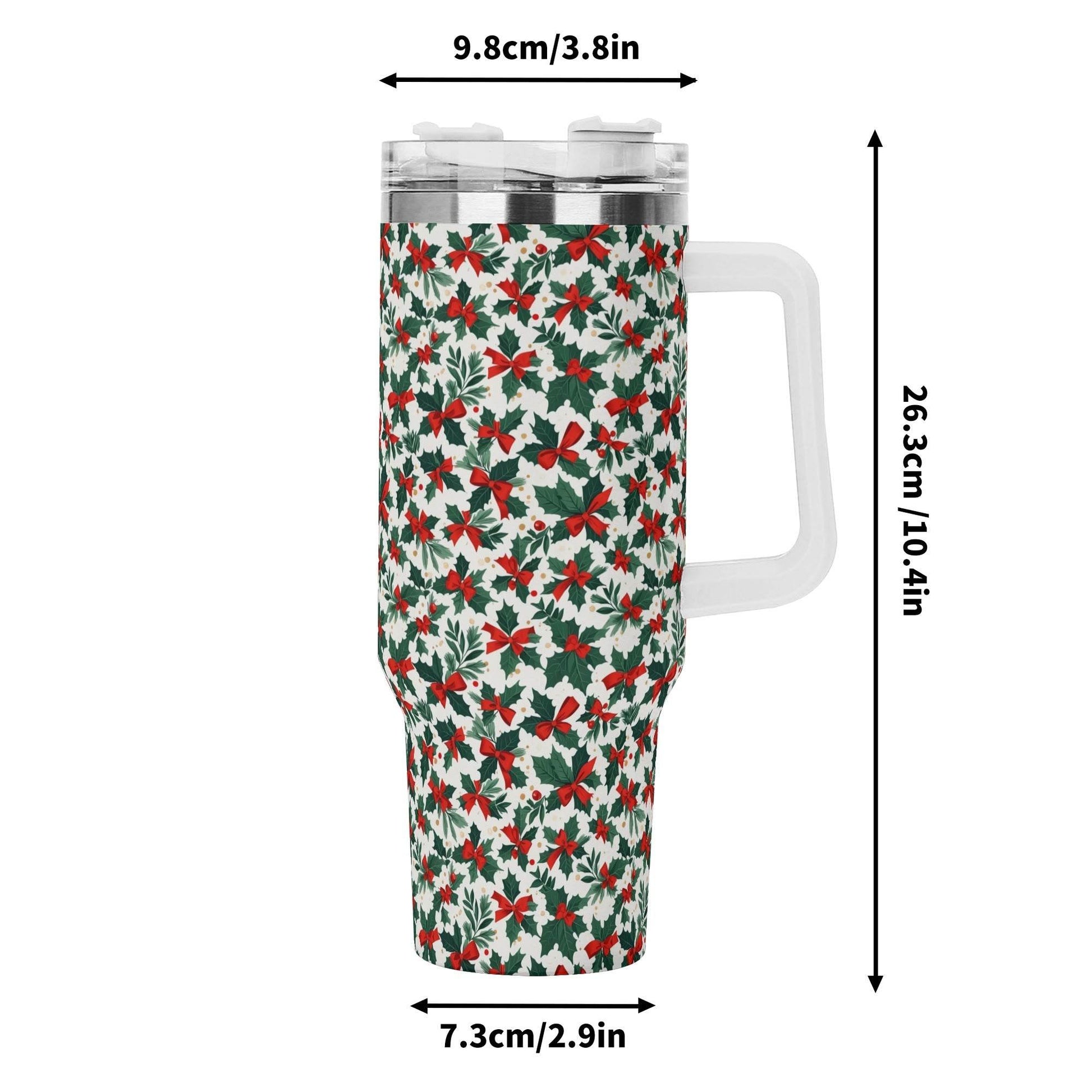 Holly Bow 40oz Stainless Steel Tumbler Gift With White Handle and Straw - DeRose Seasonal