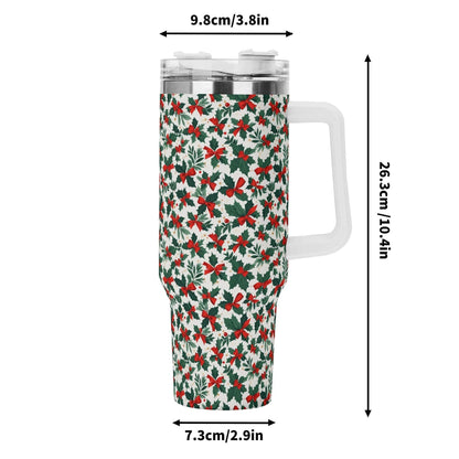 Holly Bow 40oz Stainless Steel Tumbler Gift With White Handle and Straw - DeRose Seasonal