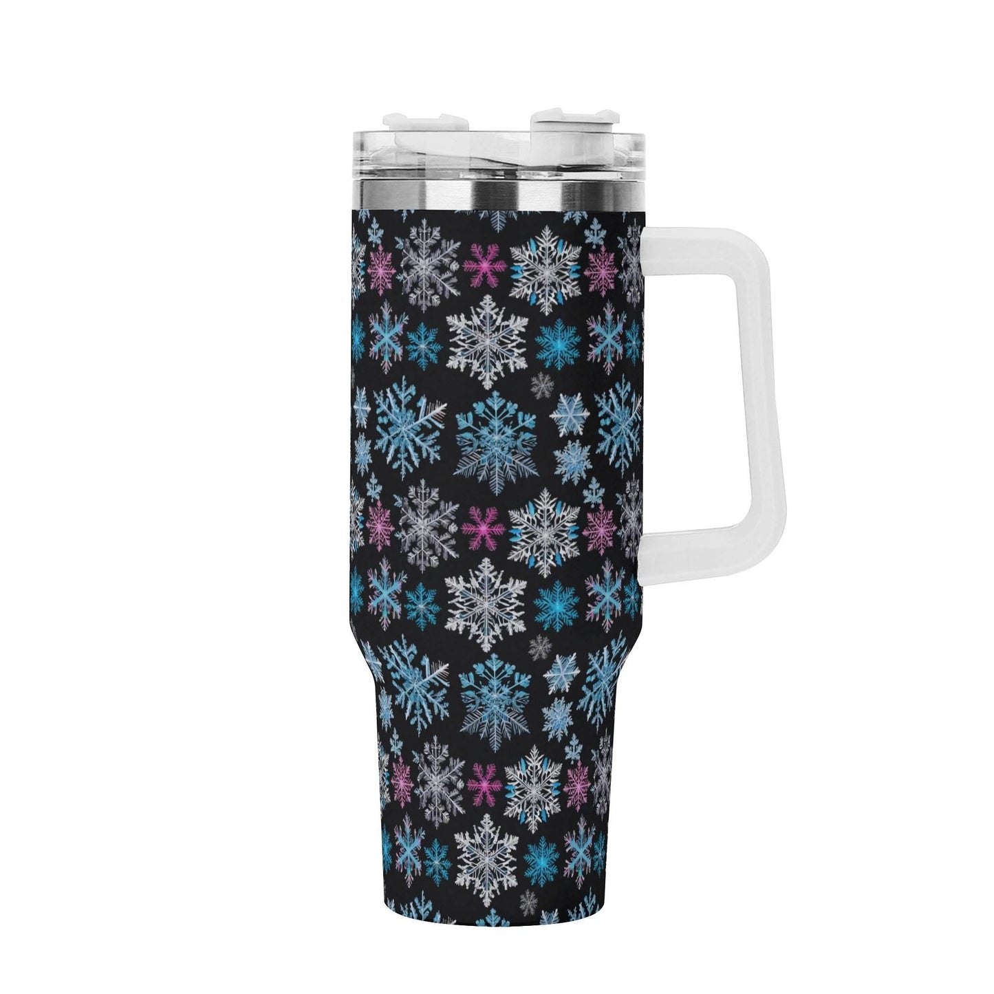 Party Snowflake 40oz Stainless Steel Tumbler Gift With White Handle and Straw - DeRose Seasonal