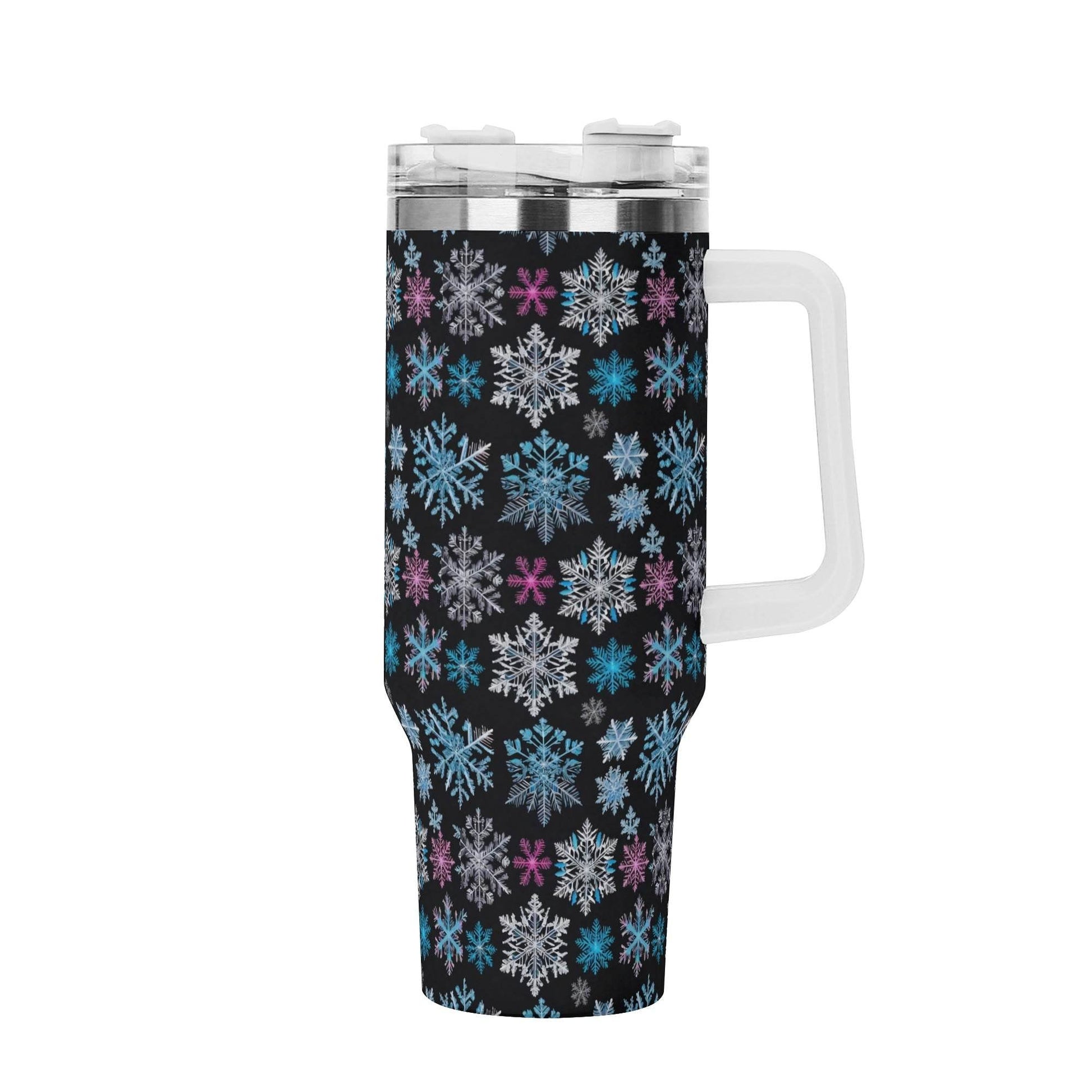 Party Snowflake 40oz Stainless Steel Tumbler Gift With White Handle and Straw - DeRose Seasonal