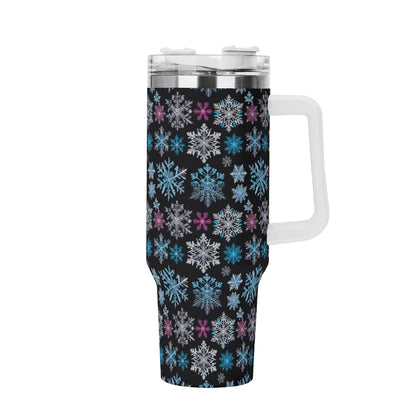 Party Snowflake 40oz Stainless Steel Tumbler Gift With White Handle and Straw - DeRose Seasonal