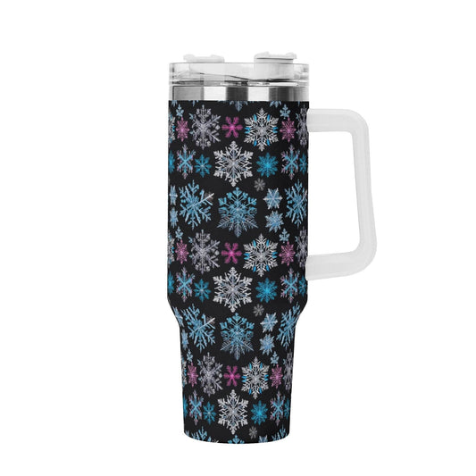 Party Snowflake 40oz Stainless Steel Tumbler Gift With White Handle and Straw - DeRose Seasonal