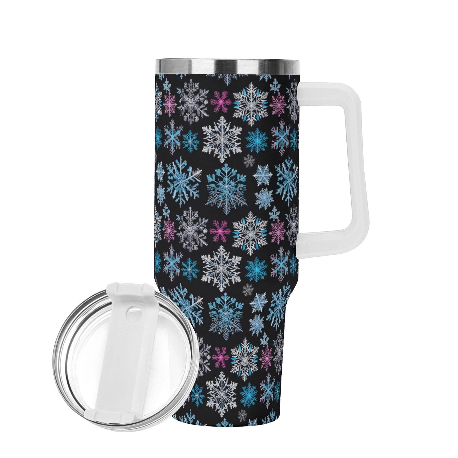 Party Snowflake 40oz Stainless Steel Tumbler Gift With White Handle and Straw - DeRose Seasonal