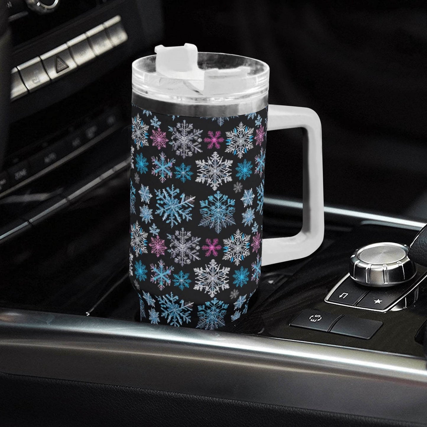 Party Snowflake 40oz Stainless Steel Tumbler Gift With White Handle and Straw - DeRose Seasonal